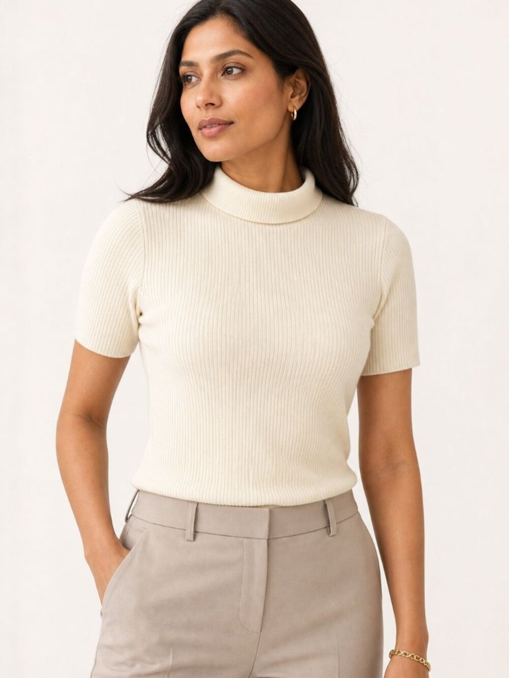 Vintage Studio Works Petite Cream Ribbed Mock-Neck Sweater Top PM